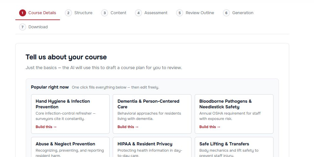 CourseGenerator screen showing a guided seven-step course-draft workflow and sample healthcare training topics