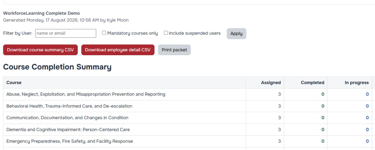 SurveyorExport screen showing filters, a course-completion summary, and a reviewed export workflow